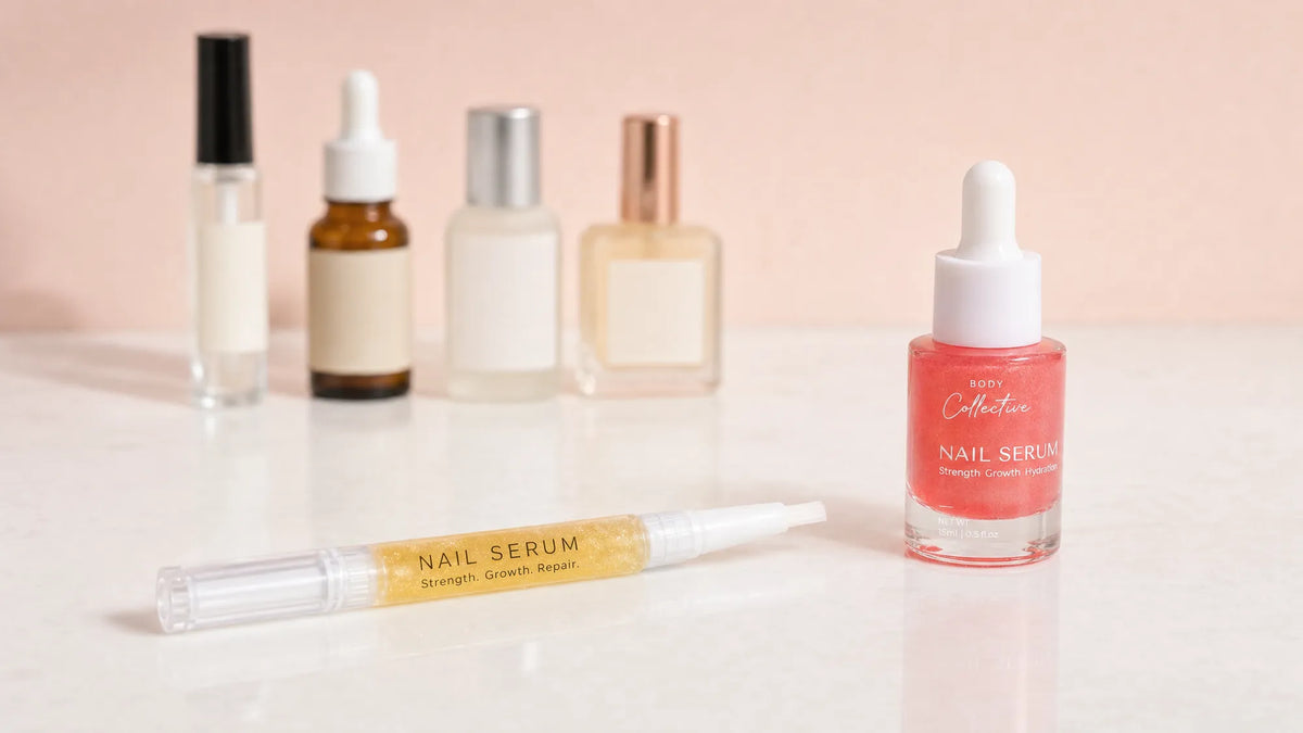 The Body Collective nail serum pen and 15 ml dropper in front of four unbranded nail serum bottles