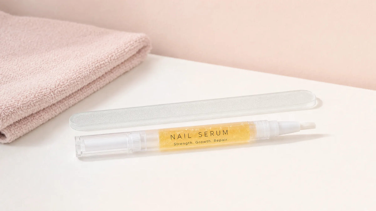 A Body Collective nail serum pen lying on a white bench beside a clear glass nail file and a folded blush towel