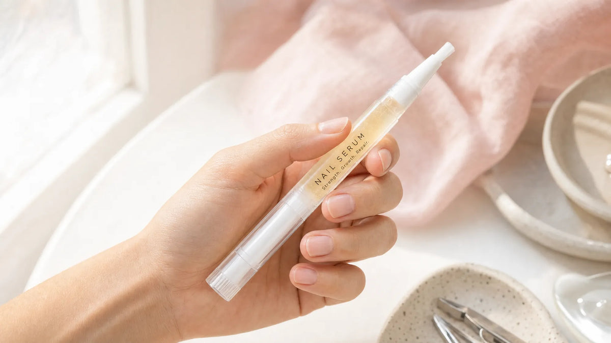 A hand with short natural nails holding a Body Collective nail serum pen in soft morning light