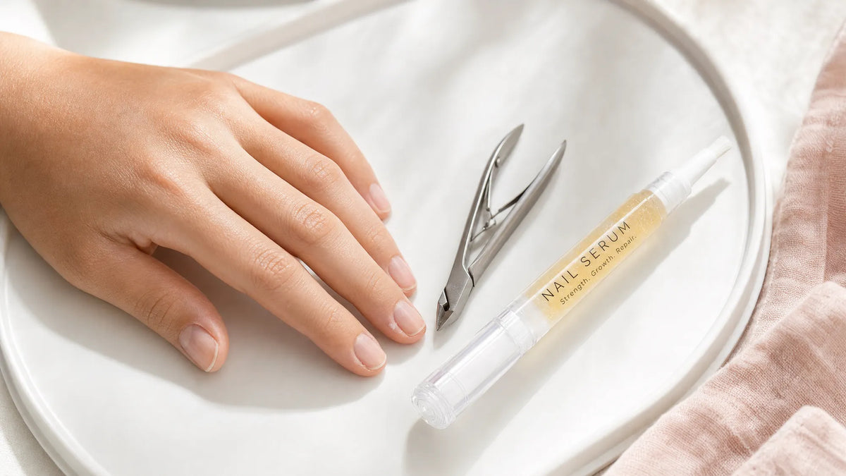 A hangnail beside cuticle nippers and a Body Collective nail serum pen