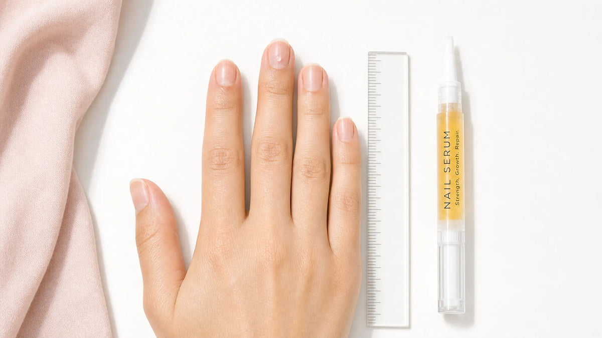 A right hand resting palm down beside a clear ruler and a Body Collective nail serum pen, with one tiny dot of clear polish on the middle fingernail to measure growth
