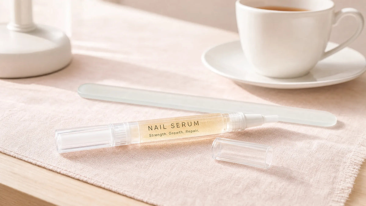 A nail serum pen with its cap off, a glass file and a cup of tea on a bedside table