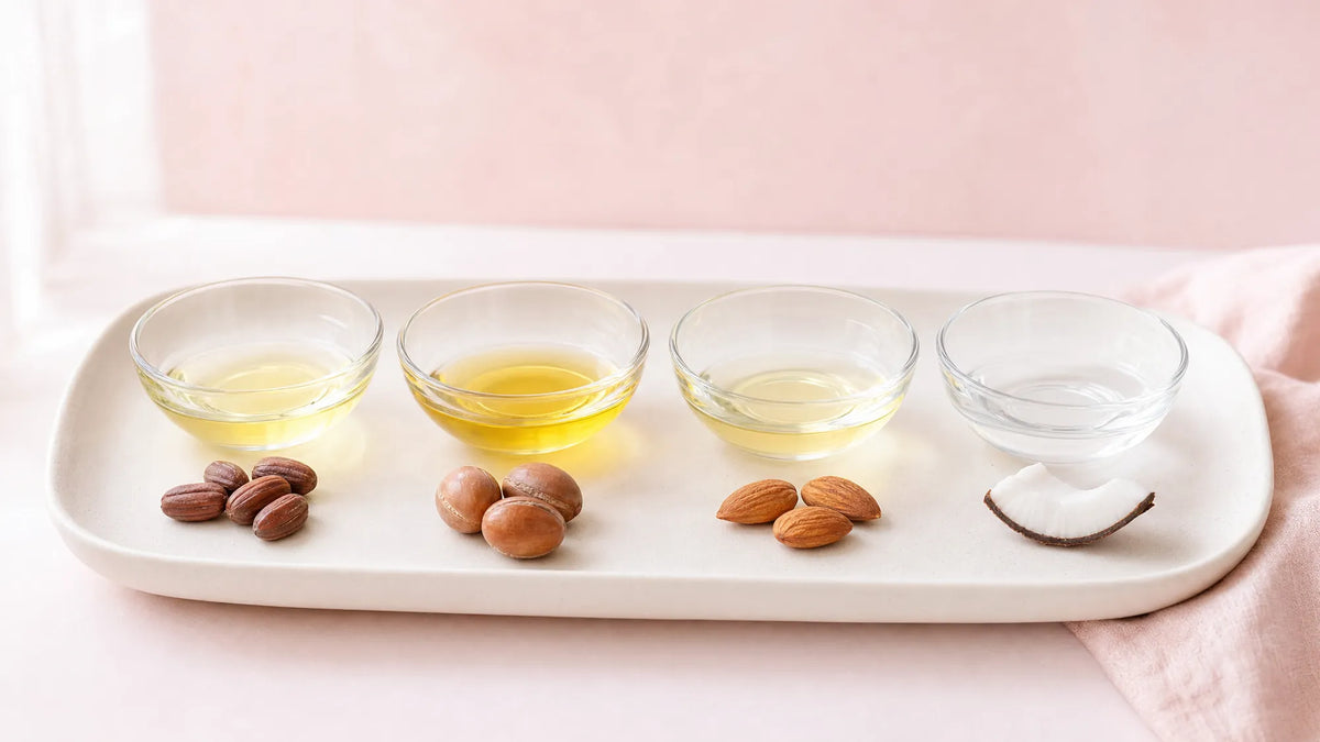 Four glass bowls of jojoba, argan, sweet almond and fractionated coconut oil on a tray, each beside its seeds, nuts or coconut